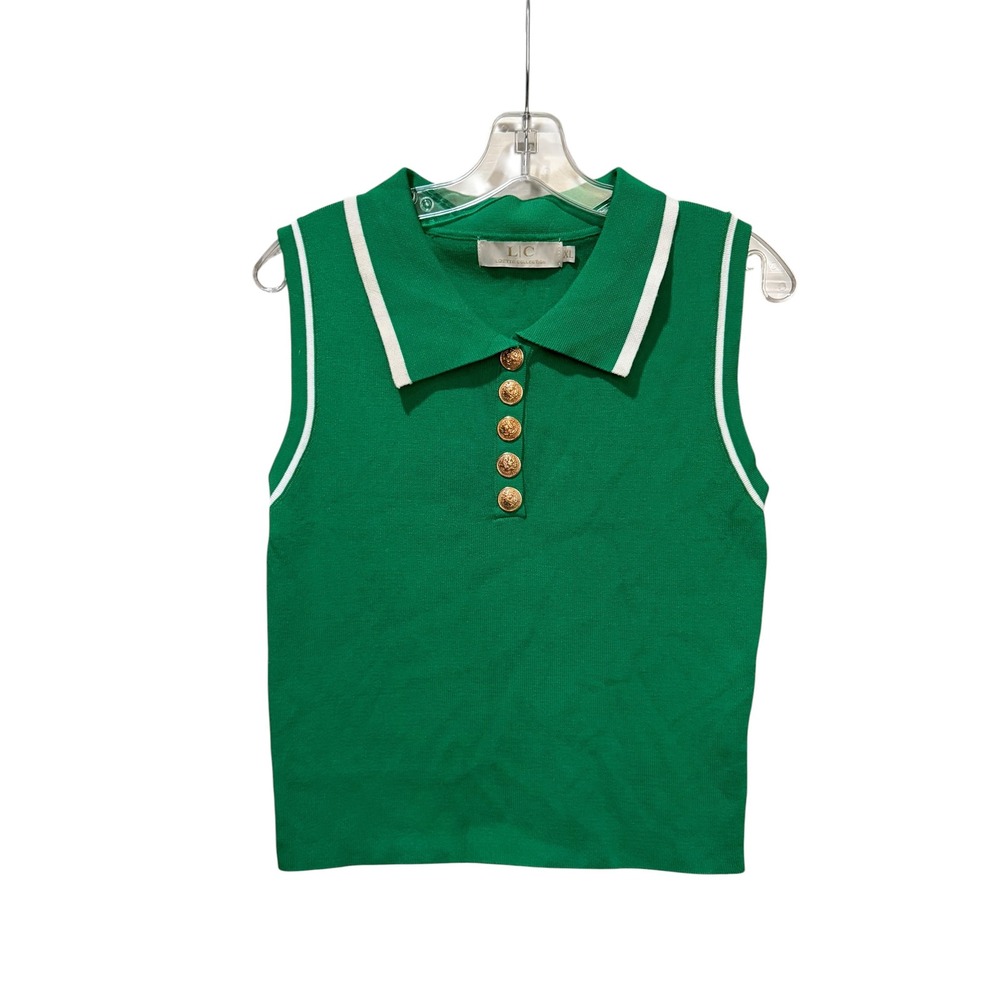 Lizette Collection Green Sleeveless Polo Knit Top Gold Crest Buttons XL
